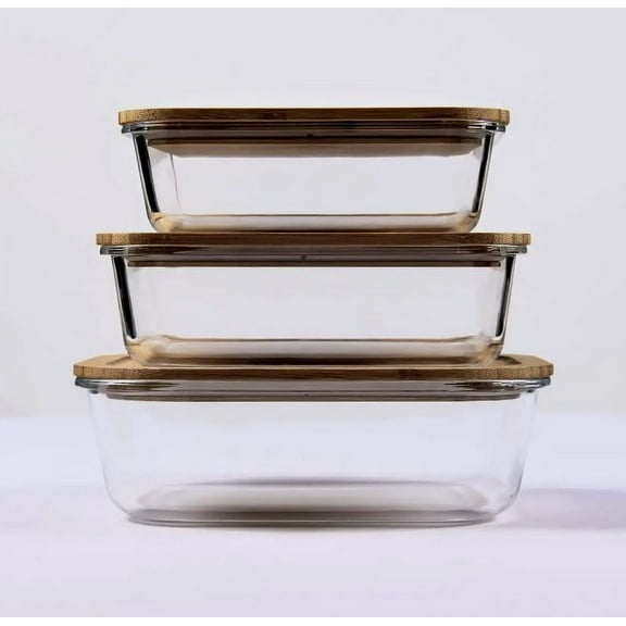 STONE & CLAY Food Storage Containers Set - Glass Meal Prep Lunch Boxes with Bamboo Lids - Reusable, Microwavable, & Dishwasher Safe - 3 Rectangle Containers - Small (35oz), Medium (51oz), Large (76oz)