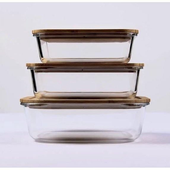 STONE & CLAY Food Storage Containers Set - Glass Meal Prep Lunch Boxes with Bamboo Lids - Reusable, Microwavable, & Dishwasher Safe - 3 Rectangle Containers - Small (35oz), Medium (51oz), Large (76oz)