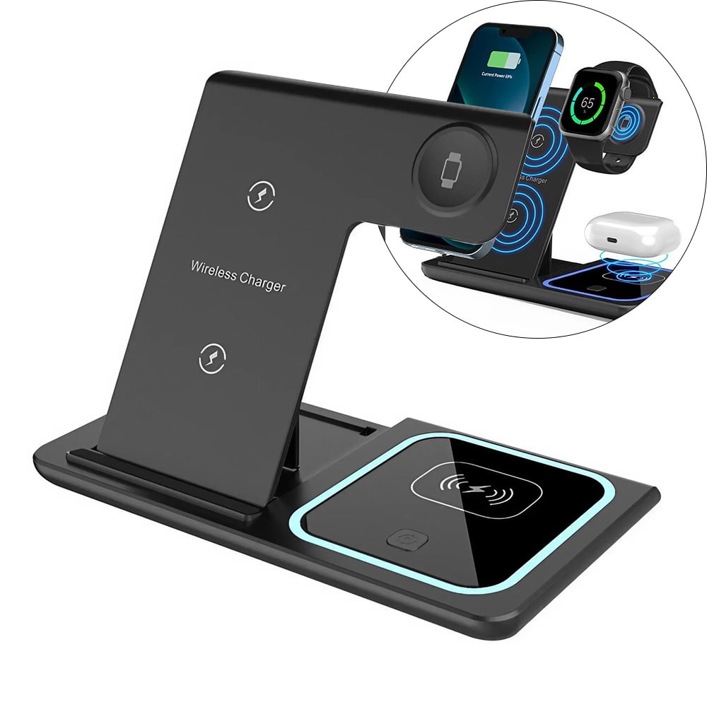STONEGO 15W 5-in-1 Wireless Charger Station - Magnetic Wireless Charging Dock with Built-in Clock, Fast Charging Supports iPhone 15/14/13/12, Apple Watch Ultra/8/7/6/5, AirPods 3/2 and Samsung Devices