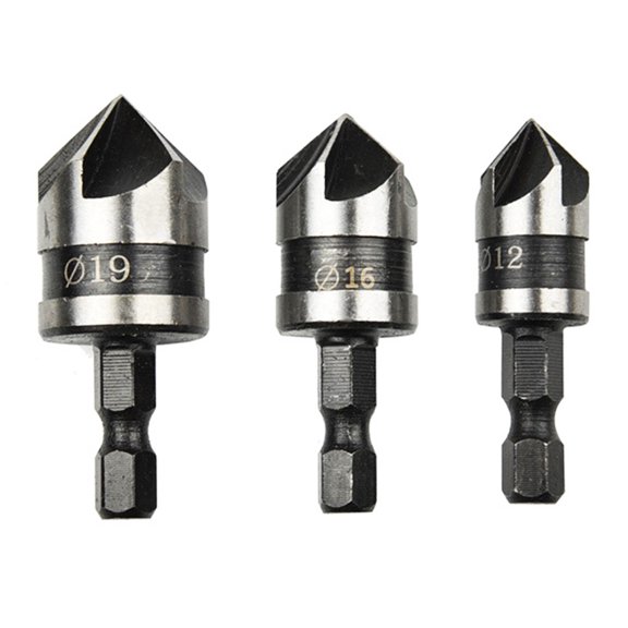 STONEGO 1PC/3Pcs Countersink Drill Bit Set - 12mm, 16mm, 19mm Diameter, 1/4" Hexagonal Shank, 90° Chamfering Tool for Precision Woodworking, Metalworking and DIY Projects