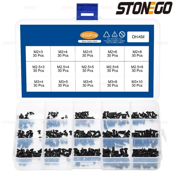 STONEGO 450/650/720PCS Countersunk Phillips Mini Screw Kit - M1.4, M1.7, M2, M2.5, M3 Carbon Steel Screws, Precision Screws for Electronics and Small Repairs