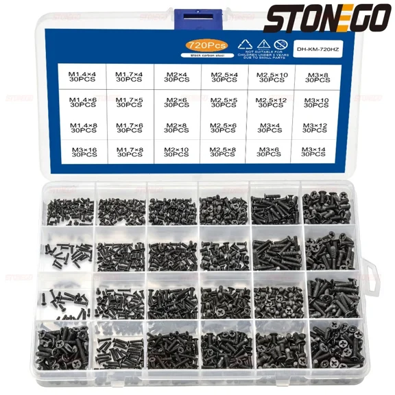 STONEGO 450/650/720PCS Countersunk Phillips Mini Screw Kit - M1.4, M1.7, M2, M2.5, M3 Carbon Steel Screws, Precision Screws for Electronics and Small Repairs