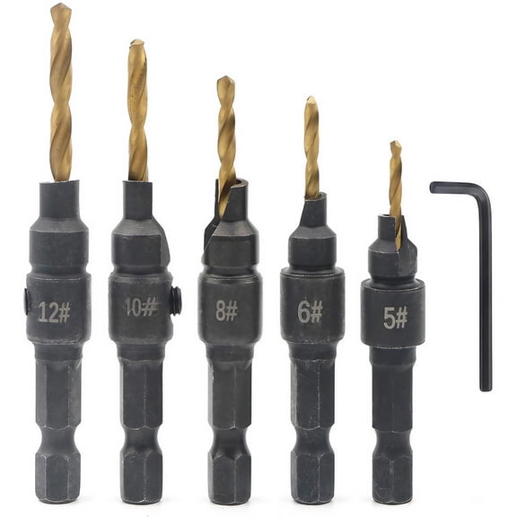 STONEGO 5PCS Countersunk Bit Set - Chamfered Adjustable Drilling Tools for Accurate Countersunk Hole Guiding in Wood Processing and Carpentry