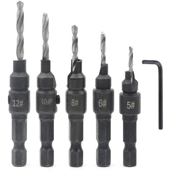 STONEGO 5PCS Countersunk Bit Set - Chamfered Adjustable Drilling Tools for Accurate Countersunk Hole Guiding in Wood Processing and Carpentry