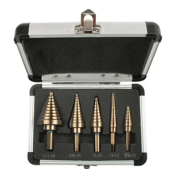 STONEGO 5PCS Step Drill Set - HSS Cobalt Titanium Coated Conical Carbide Drill Bits, 50 Size Options for Perforated Punching and Precision Drilling
