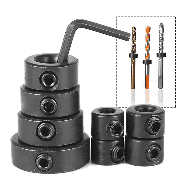 STONEGO 8PCS Woodworking Bit Positioner Set - 3mm-16mm Bit Depth Stop Sleeves with Trephine Head and Stop Rings for Precise Drilling and Depth Control