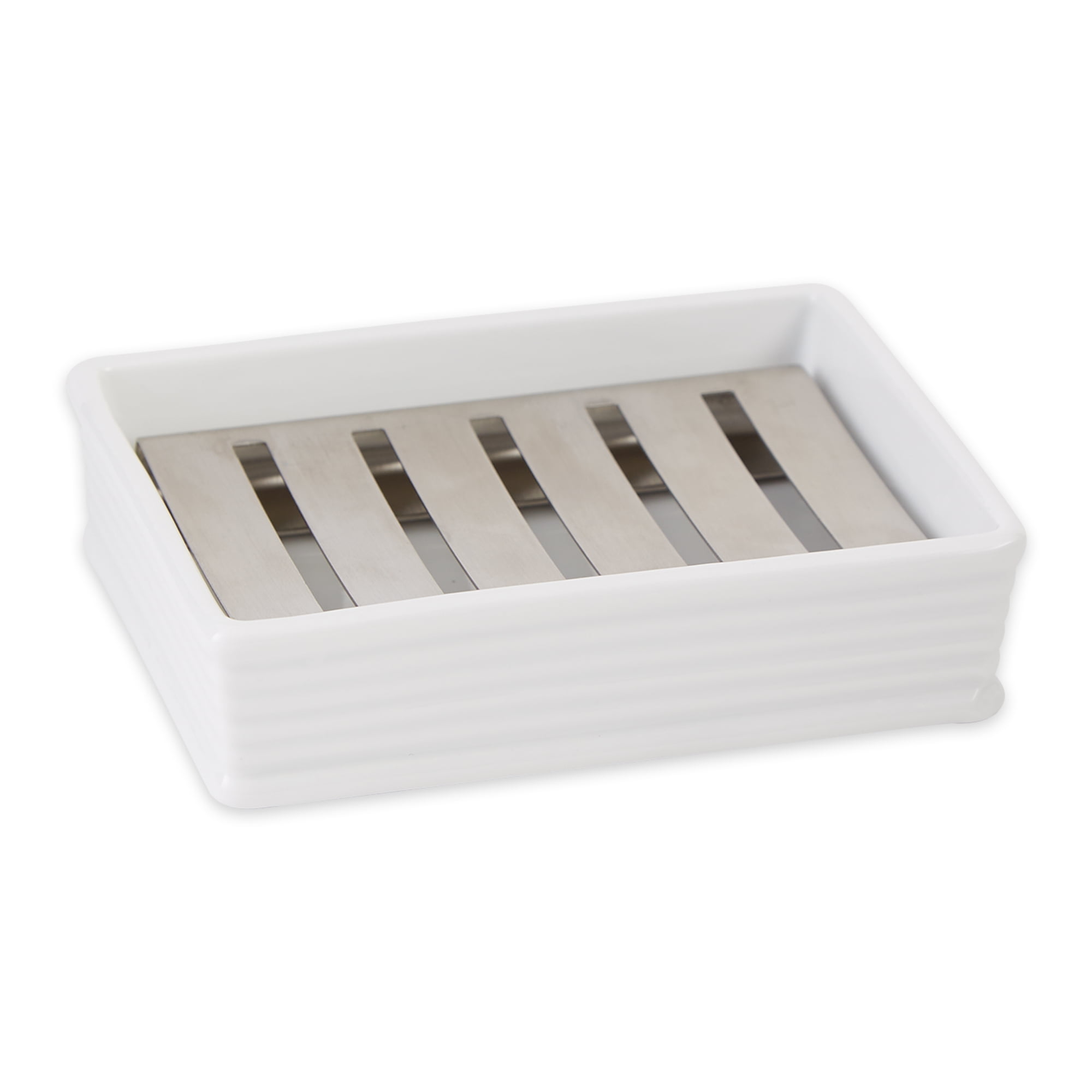 White Ceramic Soap Dish with Stainless Steel Grate