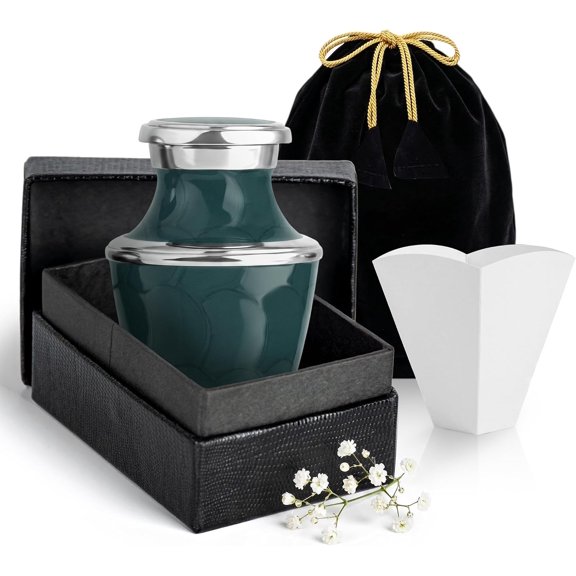 STONLIF Small Keepsake Cremation Urn for Human Ashes Mini 3 Cubic Inch Aluminum Memorial Urn with Lacquered Green Finish Threaded Lid Felted Base Velvet Bag and Funnel Decorative Remembrance Urn