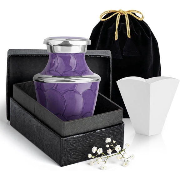 STONLIF Small Keepsake Cremation Urn for Human Ashes Mini 3 Cubic Inch Aluminum Memorial Urn with Lacquered Purple Finish Threaded Lid Felted Base Velvet Bag and Funnel Decorative Remembrance Urn