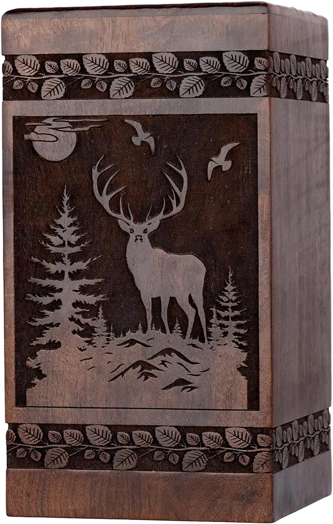 STONLIF Wooden Urns For Human Ashes Adult Male Female - Cremation Urn Large Wood Urn Box and Casket For Ashes - Decorative Funeral, Burial Urns for Men Women Child, Pets Cat Dog Urn - Deer
