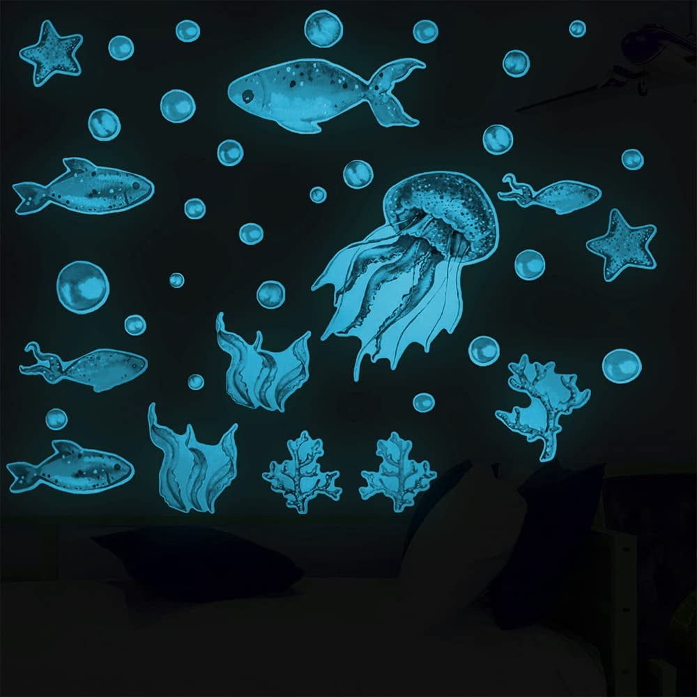 STONSEL Glow in The Dark Ocean Animals Wall Sticker Ocean Themed Fluorescent Stickers Under The Sea Ocean Fish Jellyfishes Luminous Wall Decals for Kids Bathroom Bedroom Living Room Nursery