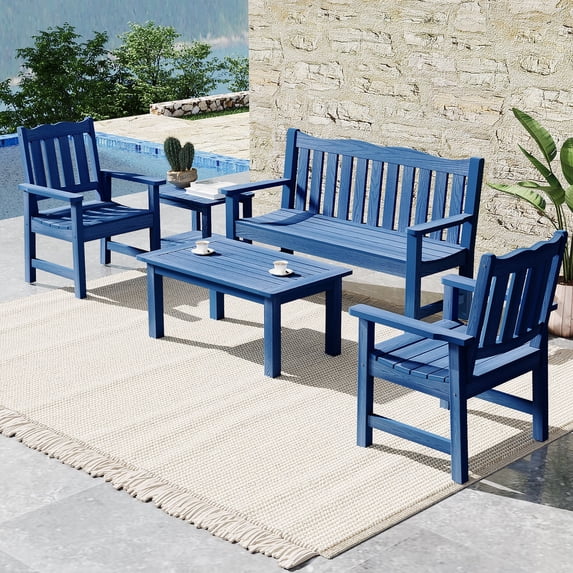STOOG Outdoor Furniture Set, 5 Piece Patio Conversation Set with Bench & 2 Pcs Chairs & Coffee Table & Side Table, All-Weather Outdoor Sectional Chairs Set for Porch Balcony Garden Backyard, Blue
