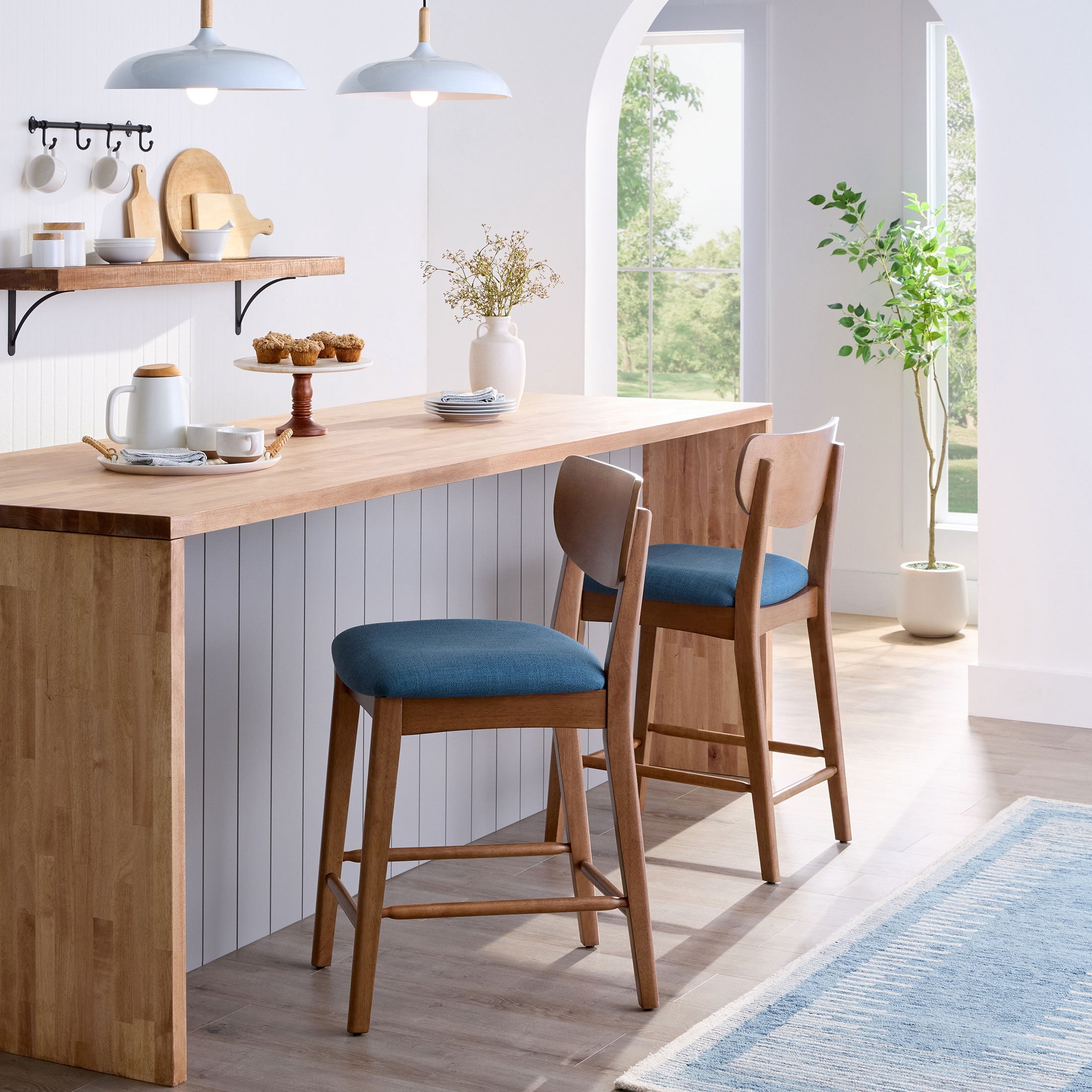 Better Homes & Gardens Greyson Counter-Height Stools, Blue Fabric Seat, Set of 2