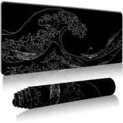STOPERT Japanese Sea Wave Large Gaming Mouse Pad, Black Anime Extended XL Computer Mousepad with Stitched Edges and Non-Slip Rubber Base, 31.5x11.8 inch, 1lb, 3mm Thick Desk Mat Keyboard Pad Desk Pad
