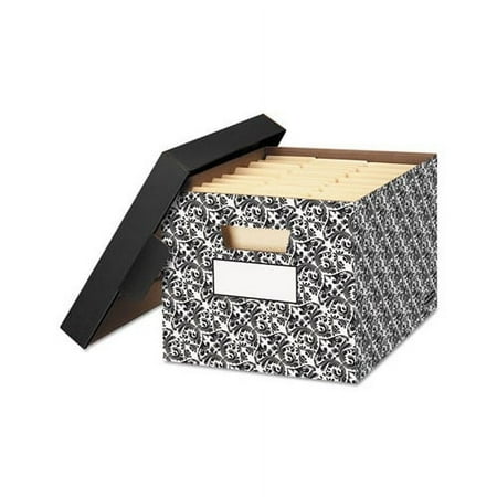 STOR/FILE Decorative Medium-Duty Storage Box Letter/Legal Files, 12.5" x 16.25" x 10.5", Black/White Brocade Design, 4/CT
