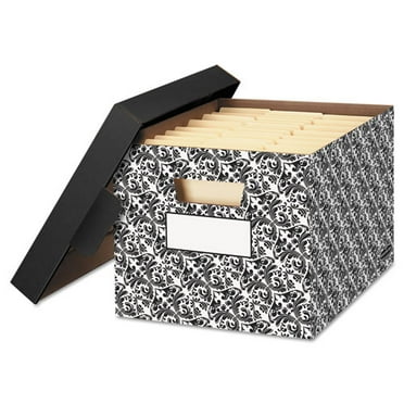 STOR/FILE Decorative Medium-Duty Storage Box Letter/Legal Files, 12.5" x 16.25" x 10.5", Black/White Brocade Design, 4/CT