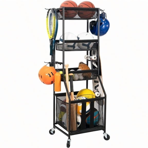 STORAGE MANIAC Ball Storage Bin Rolling Sports Ball Cart Metal Garage Organizer Sport Rack Basketball Storage Cage For Garage Or Gym Indoor Outdoor Sports Equipment Organizer