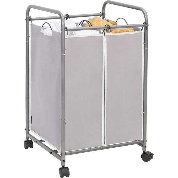 STORAGE MANIAC Laundry Sorter 2 Section, 90 L Gal Laundry Hamper with Wheels, Clothes Basket Separator Sorter, 2 Bag Clothes Cart with Wheels and Removable Bags for Closet, Dorm, Collage, Grey