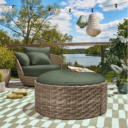 Beautiful by Drew Barrymore Outdoor Reversible-Top Ottoman and Coffee Table with Cover, Brown/Thyme