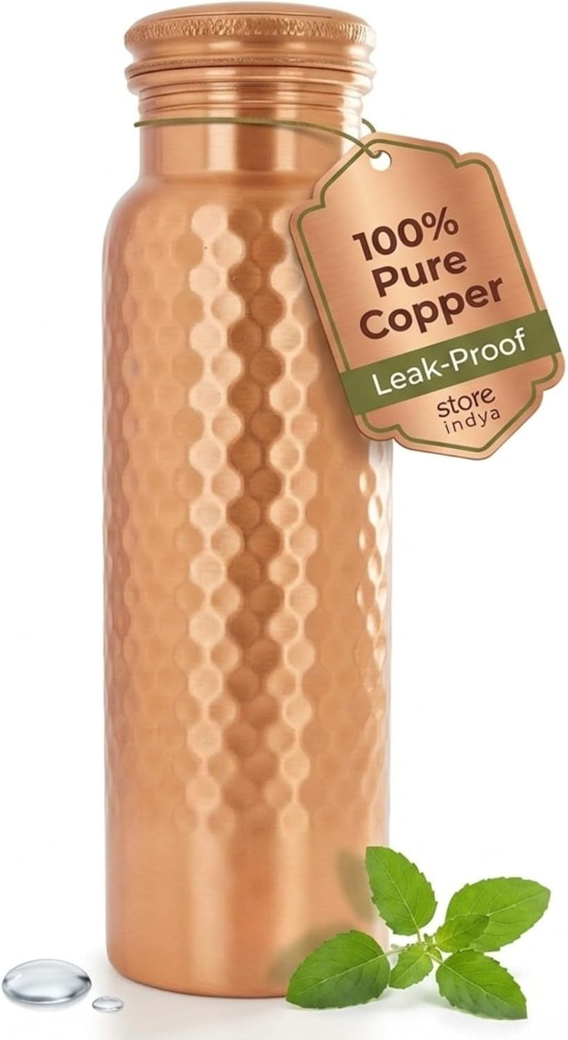 Store Indya 30 oz Copper Water Bottle with Handcrafted, Leak-Proof Lid