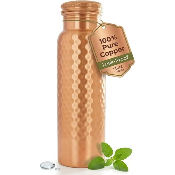 Store Indya 30 oz Copper Water Bottle with Handcrafted, Leak-Proof Lid