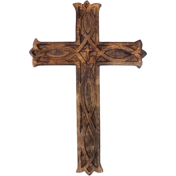 STORE INDYA Hand Carved wooden Long Wall Hanging French Cross (Antique Design- Brown)