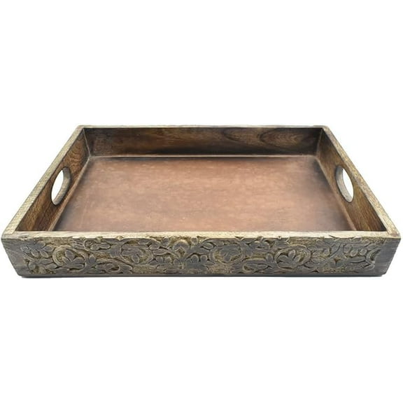 STORE INDYA Hand Crafted Vintage Wooden Serving Tray with Handle for Kitchen Dining. Serve-Ware Accessories | 15 x 10 Inches