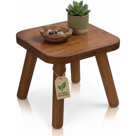 STORE INDYA Wooden Step Stool for Adults Non Slip Small Wooden Square Portable Foot Stool with Detachable Legs, Eco Friendly Mango Wood