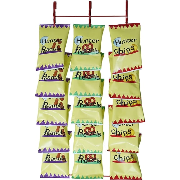 STORE SUPPLY HUNTER 3-Row Chips Hanging Clipper Display in Red - 32 L x 12.5 W Inches, Chip Counter Rack, Candy Display Clips, Potato Chips Bag Holder Rack, Snack Display for Counter