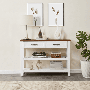 STOREADY Console Table, Entry Table, Sofa Table with Two Open Shelves, Pine Solid Wood Frame and Legs for Living Room, White