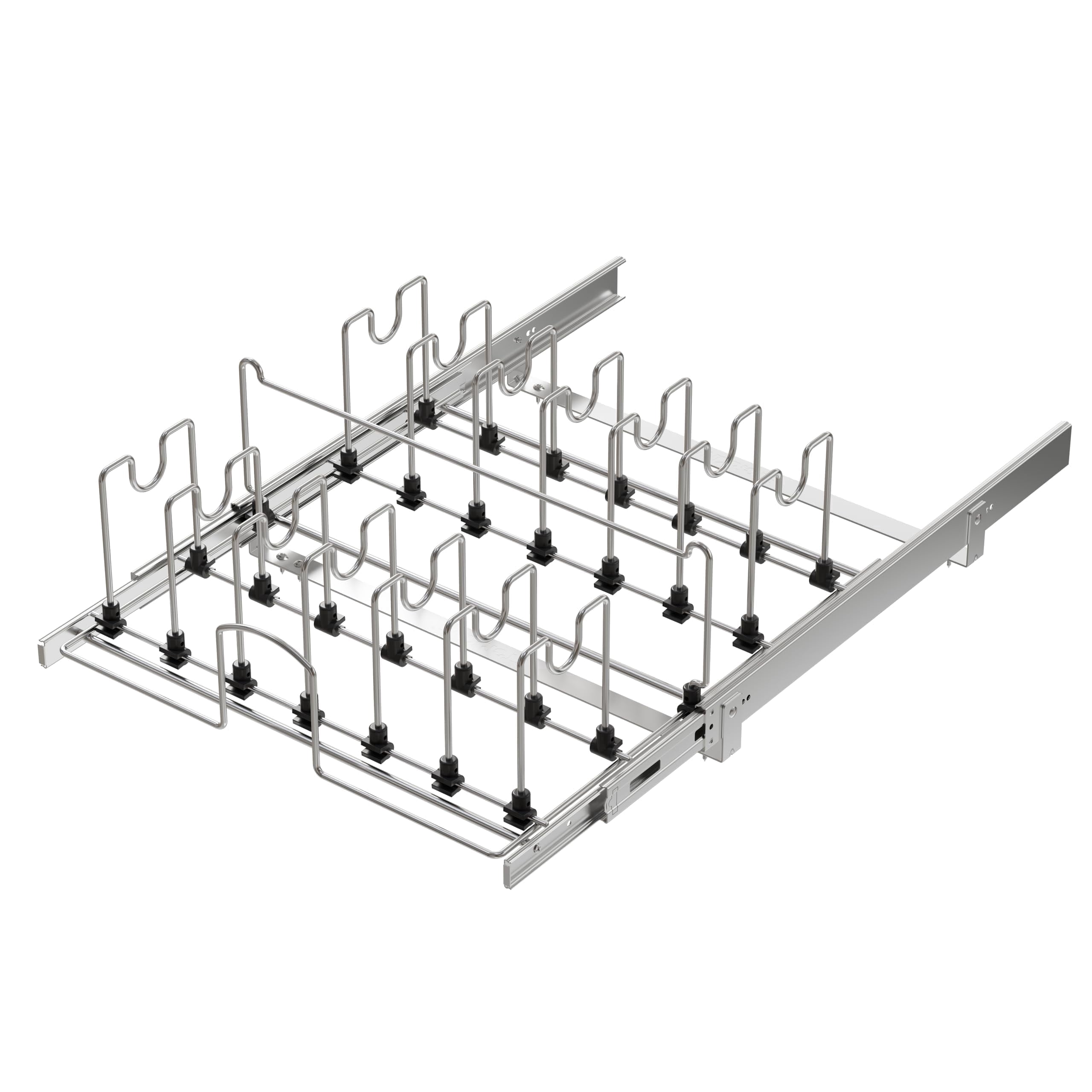 STORKING Adjustable Pull-Out Pots and Pans Organizer, 20"W x 22"D Full-Extension Rail, Chrome Plated with 15 Dividers for Under Cabinet