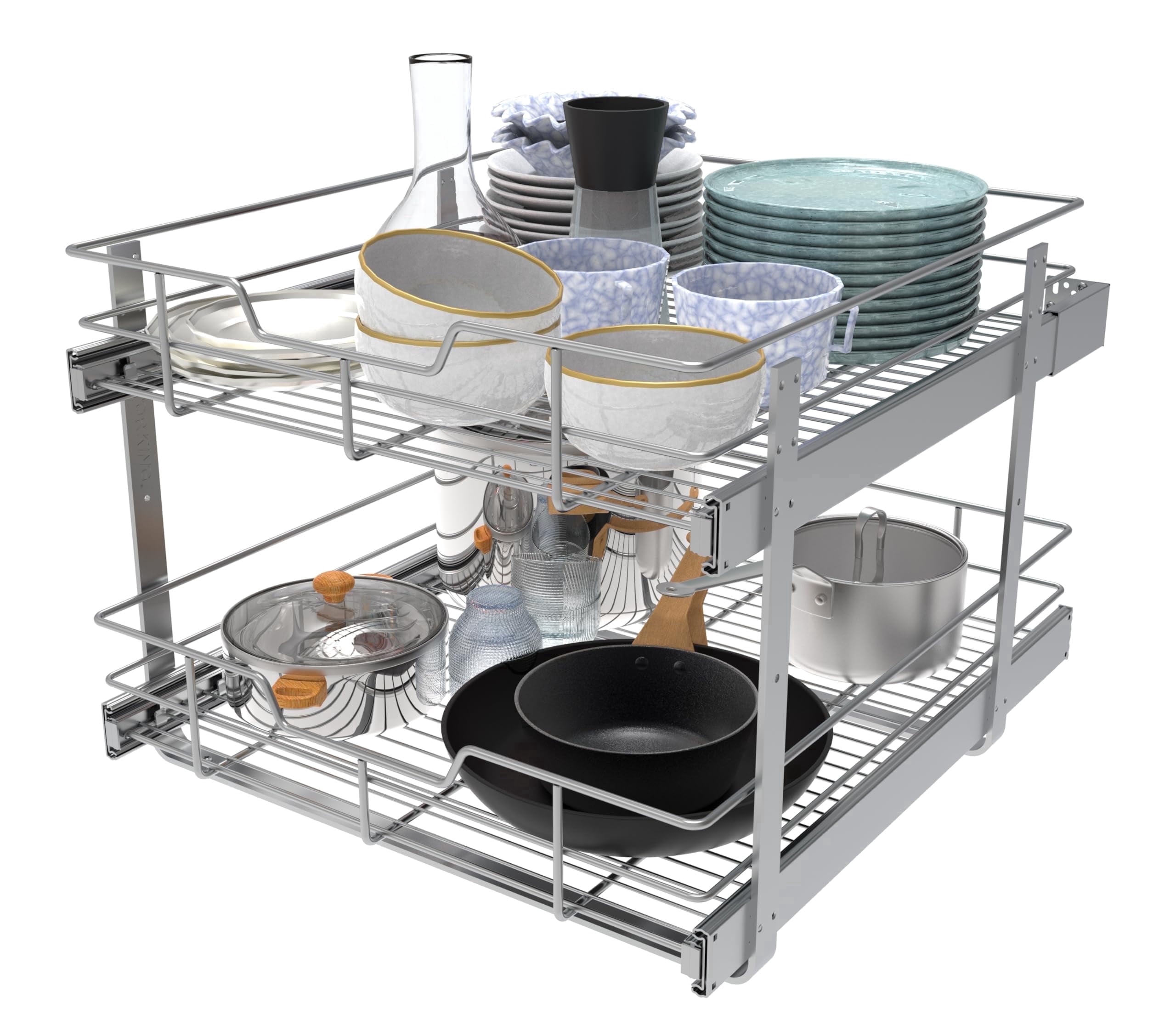 STORKING Adjustable 2-Shelf 2-Tiers 2-Drawer Kitchen Pull-Out Organizers, Silver
