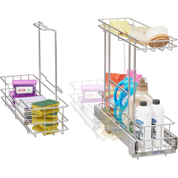 STORKING 2 Tier Under Sink Organizer, Pull Out Cabinet Organizer 11"W x 18"D with One Removable Basket, Chrome Plated Slide Out Rack for Kitchen Bathroom Sink