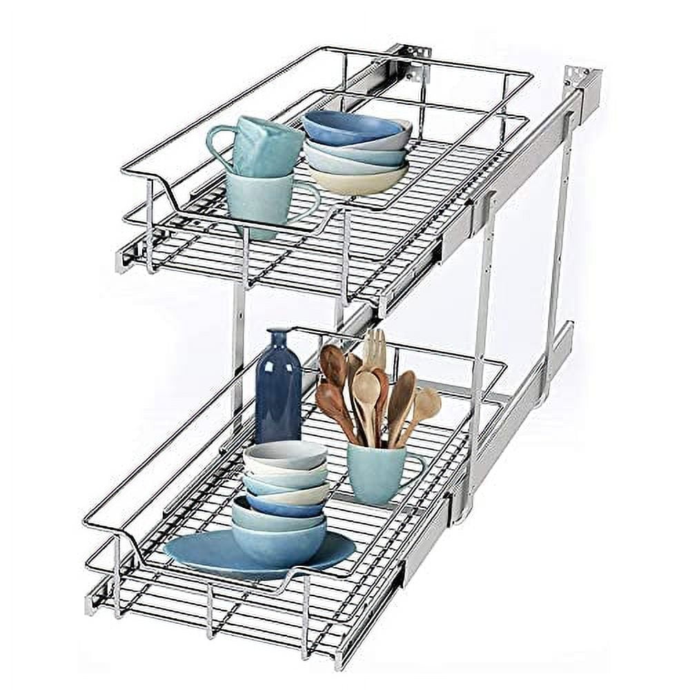 DINDON 2 Tier Pull Out Cabinet Organizer (14 WX 18 D), Double Tier Wire  Basket Slide Out Shelf Storage for Kitchen Base Cabinet Organization ​for