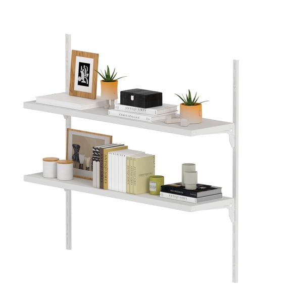 STORKING 8" Deep 32" Long Adjustable Floating Wall Shelves, 2-Tier Metal Storage Rack, 110 lbs Capacity, Heavy Duty White Wall Mounted Shelves for Garage, Kitchen, Bathroom, and Home Decor
