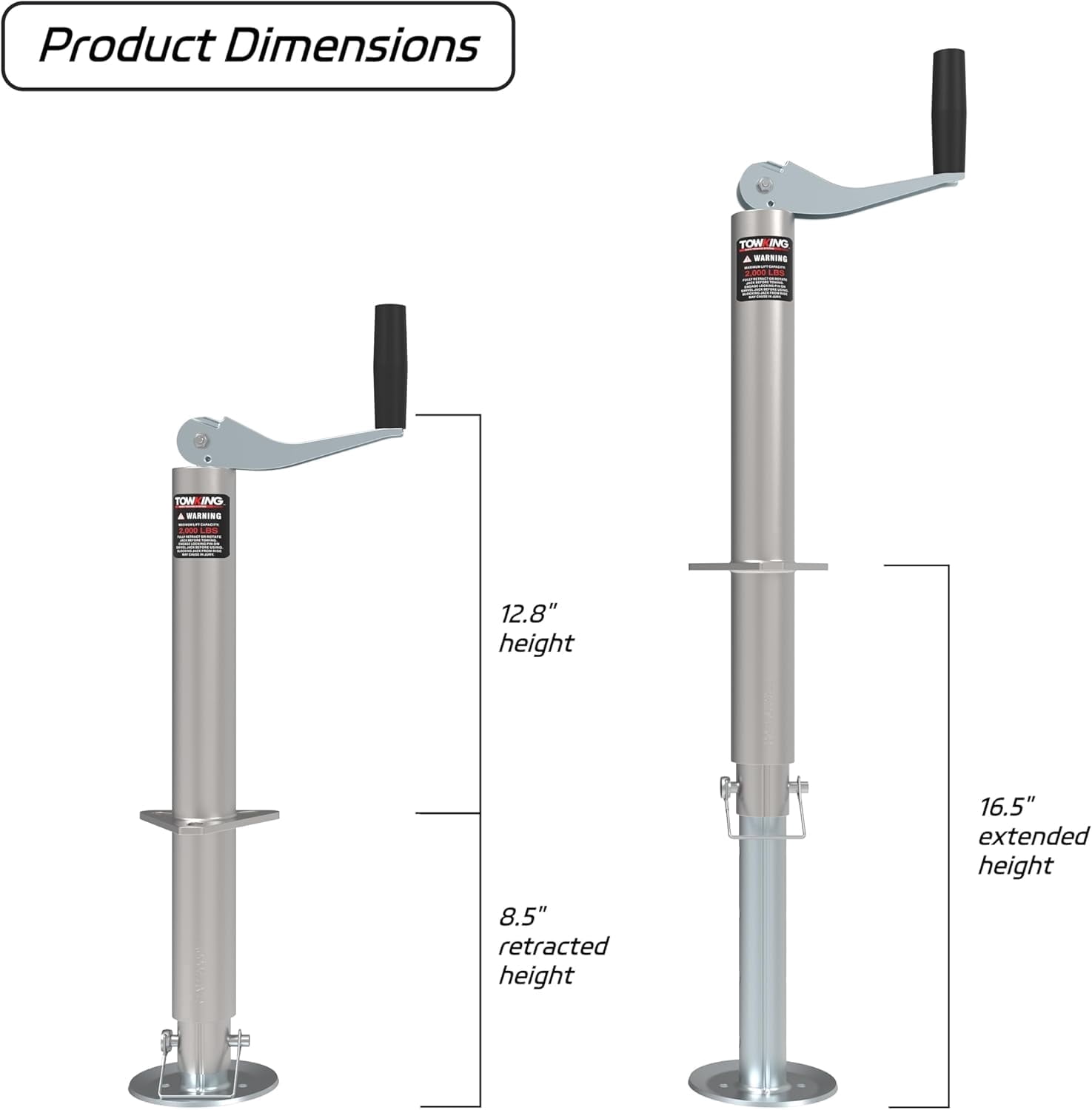 TOWKING A Frame Trailer Jack with Drop Leg, 15" Vertical Travel, 2000 lbs, for RV, Trailer and More, Silver