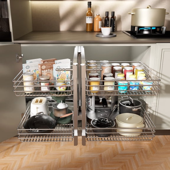 STORKING Blind Corner Cabinet Pull Out Organizer 2-Tier, 4-Shelf Slide Out Drawer for 18" Cabinet, Left/Right Corner Cabinet Organizer Chrome