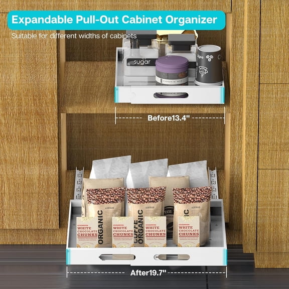 STORKING Expandable Pull Out Cabinet Organizer 17" Deep, White Adhesive Pull Out Drawers For Cabinets 13.4"W - 19.7"W，No Drill Expandablet Drawer For Kitchen, Pantry, Bathroom