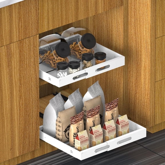 STORKING Expandable Pull Out Cabinet Organizer 21" Deep, White Adhesive Pull Out Drawers For Cabinets 12.6"W - 20.5"W, No Drill Expandablet Drawer For Kitchen, Pantry, Bathroom