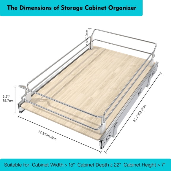STORKING Pull Out Cabinet Organizer 15" W X 22" D, Slide Out Drawers For Kitchen Organizers and Storage, Drawers For Cabinets Capacity Heavy Duty Caddy, Cabinet Shelves Wood Chrome, Pantry Storage