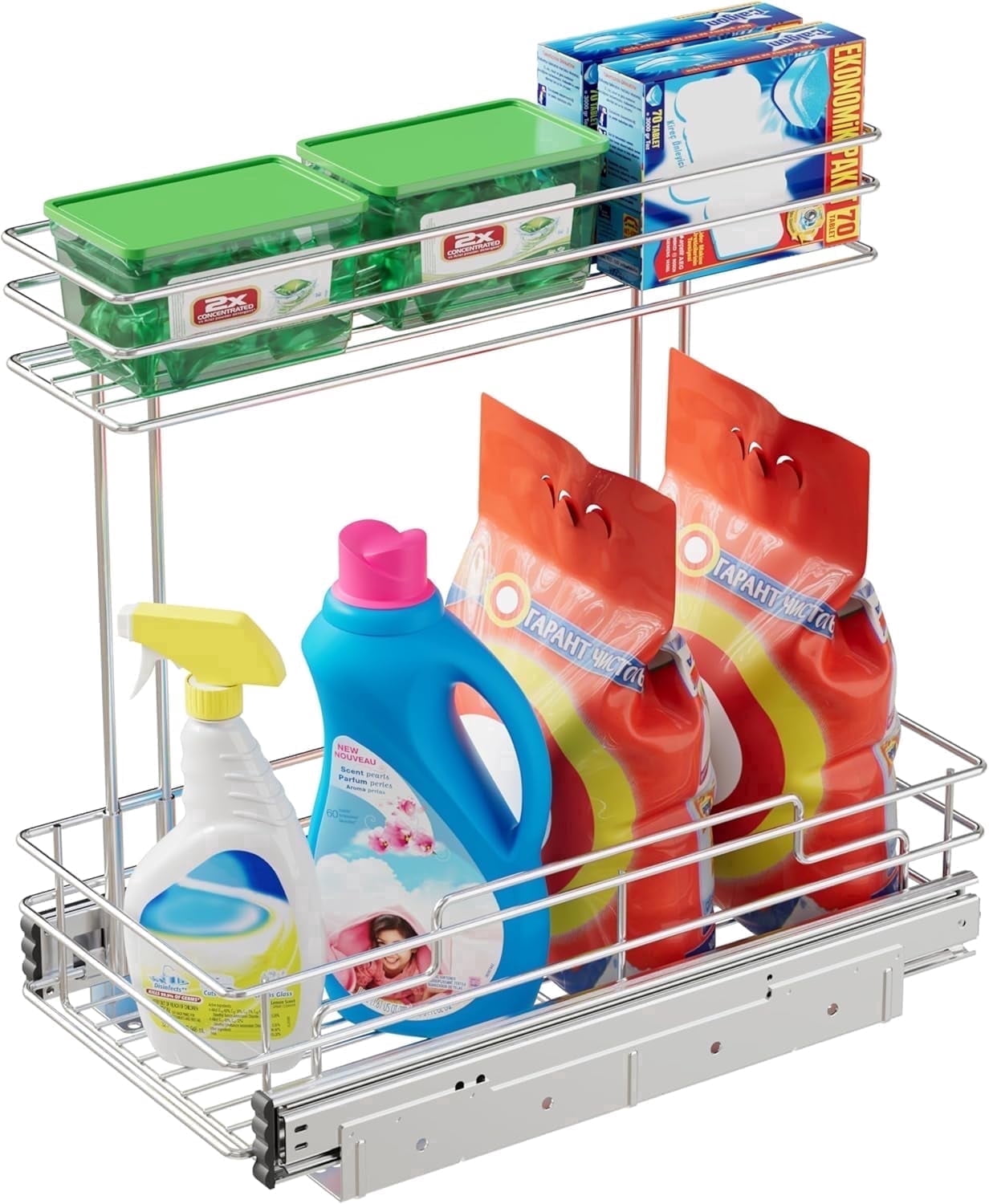 STORKING Under Sink Organizer, 2-Tier Pull Out Cabinet Organizer 9"W x 17"D, Chrome Plated Slide Out Rack for Kitchen & Bathroom Sink, Pantry Cabinet Storage