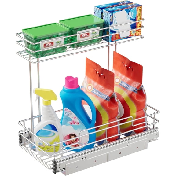 STORKING Under Sink Organizer 2 Pack, 2-Tier Pull Out Cabinet Organizer 9"W x 17"D, Chrome Plated Slide Out Rack for Kitchen & Bathroom Sink, Pantry Cabinet Storage