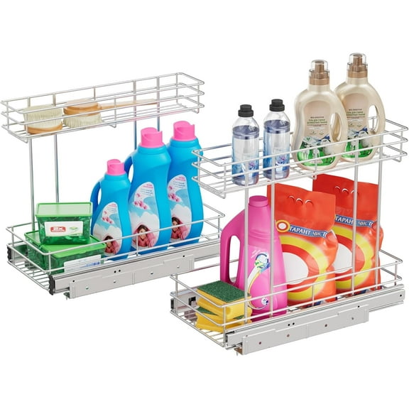 STORKING Under Sink Organizer 2 Pack, 2-Tier Pull Out Cabinet Organizer 9"W x 19"D, Chrome Plated Slide Out Rack for Kitchen & Bathroom Sink, Pantry Cabinet Closet Storage