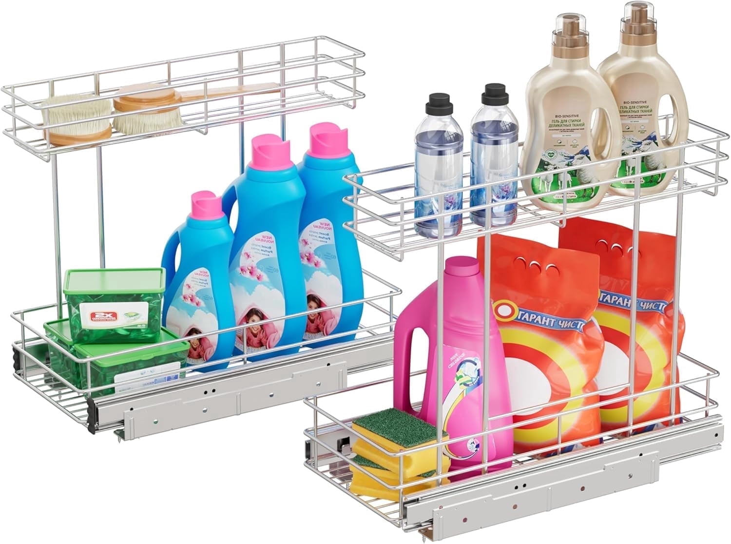 STORKING Under Sink Organizer 2-Pack, 2-Tier Pull-Out Chrome Plated, 9"W x 19"D for Kitchen Bathroom Pantry Closet
