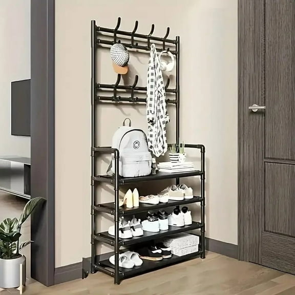 STORVIX 5-tier Multifunctional Metal Shoe Rack with 8 Double Hooks Shoes Storage