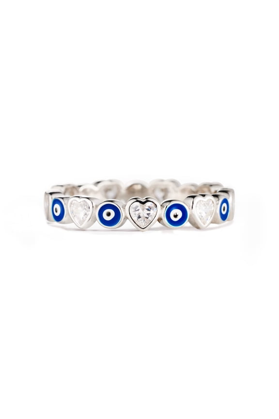 Evil Eye Ring, 925 Sterling Silver Enamel Nazar and Heart Ring Bands for Women, Blue Evil Eye Jewelry, Gifts for Women, Size 9 C113