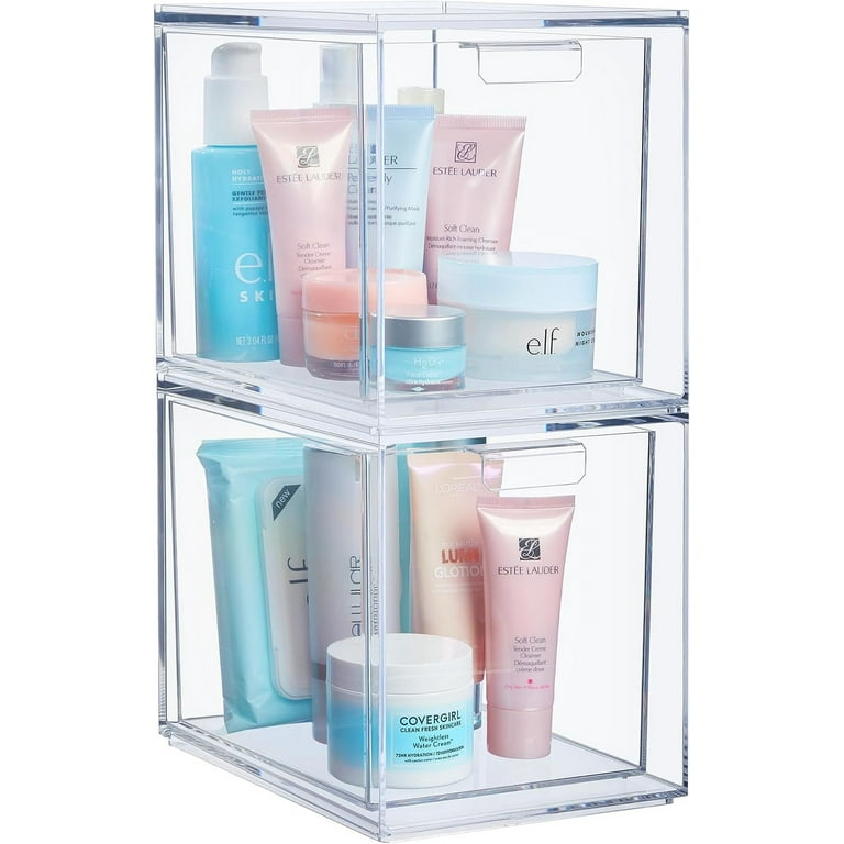 STORi Bliss 4-Compartment Plastic Vanity Organizer with Small Accessory  Drawer in Clear | Rectangular Makeup, Skincare, & Cosmetic Storage Bin with