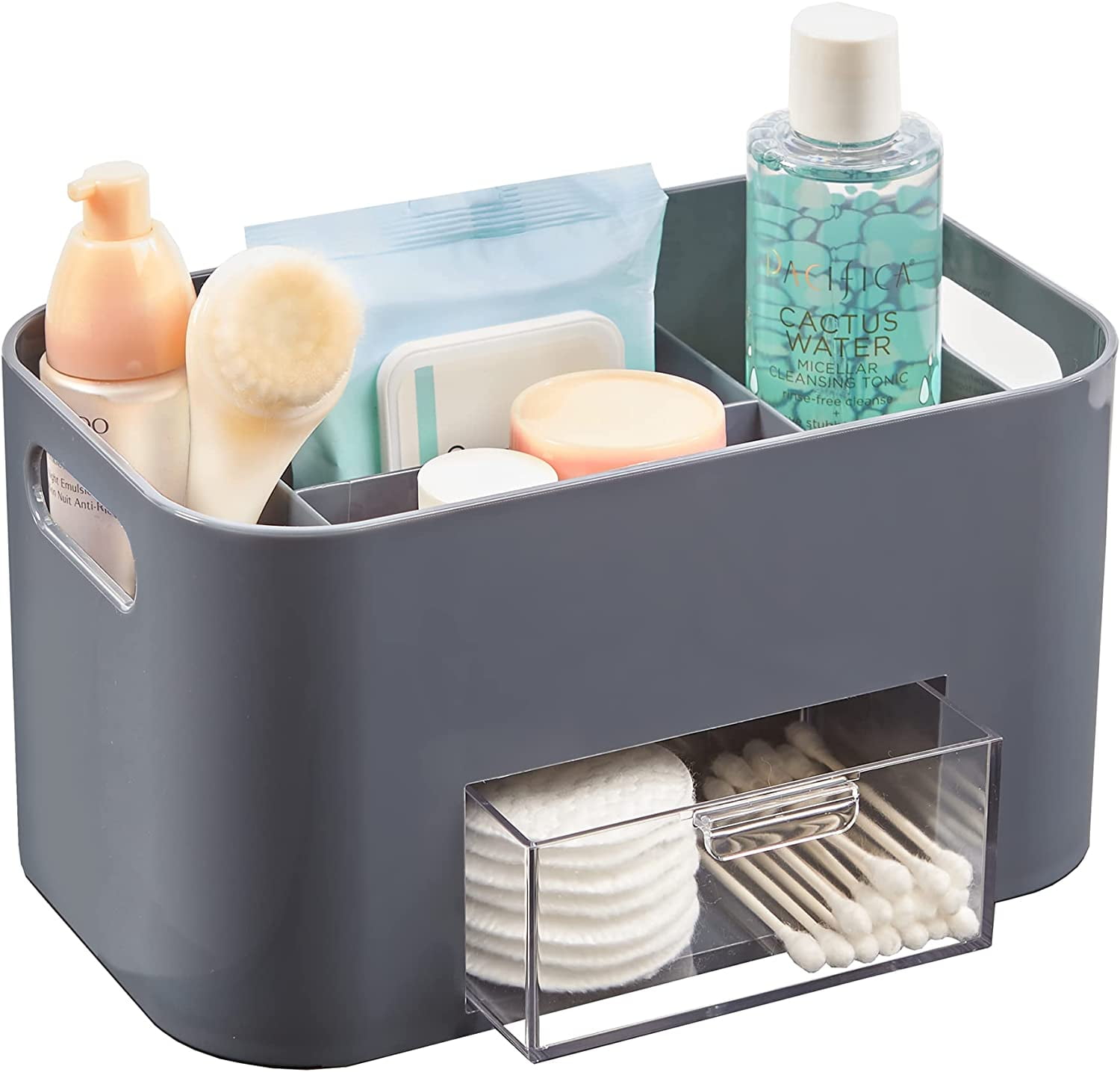 STORi Bliss 4-Compartment Plastic Vanity Organizer with Small Accessory Drawer in Grey , Rectangular Makeup, Skincare, & Cosmetic Storage Bin with Pass-Through Handles , Made in USA