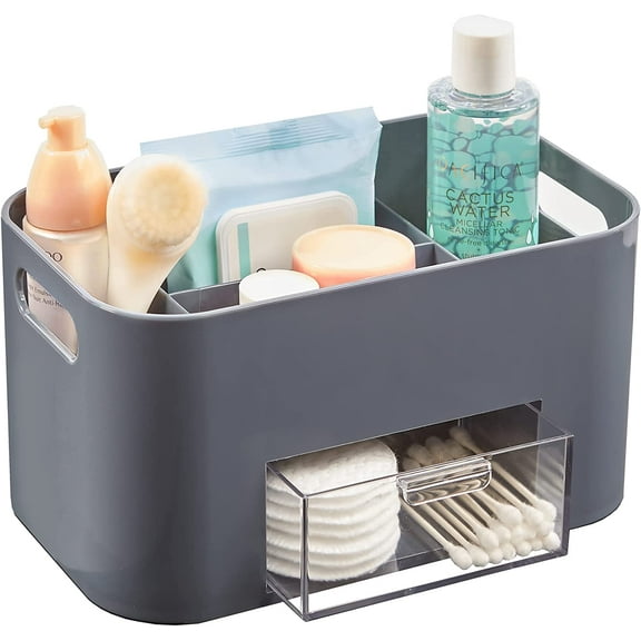 STORi Bliss 4-Compartment Plastic Vanity Organizer with Small Accessory Drawer in Grey , Rectangular Makeup, Skincare, & Cosmetic Storage Bin with Pass-Through Handles , Made in USA