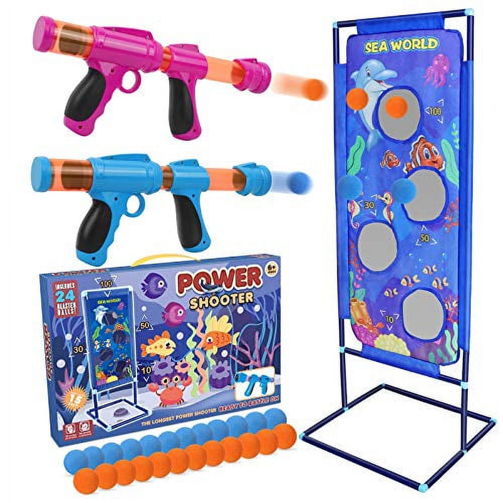 STOTOY Shooting Game for Nerf Toys, 5 6 7 8 9 10+ Years Olds Boys and Girls,2PK Foam Ball Popper Air Toy Guns with Standing Shooting Target, 24 Foam Balls, Indoor-Outdoor Activity